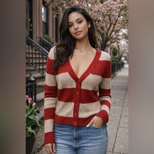American Eagle Outfitters Red and Cream Striped Cardigan